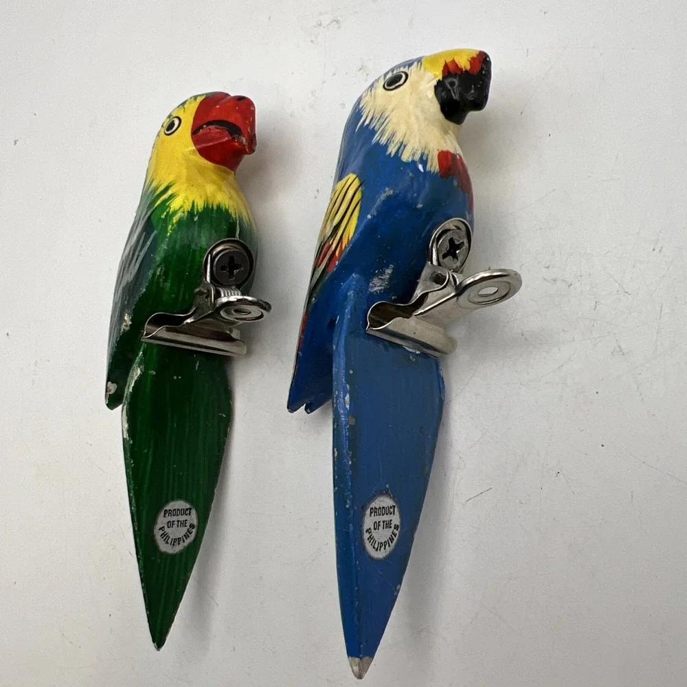 Vintage Hand Painted Carved Wood Parrot Clip On Ornaments Pair Philippines MCM